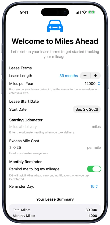 Setup: a 39-month lease and the yearly mileage allowance